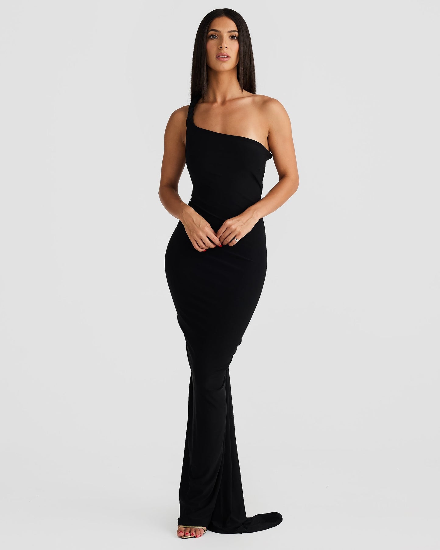 Women black off shoulder maxi dress, front view