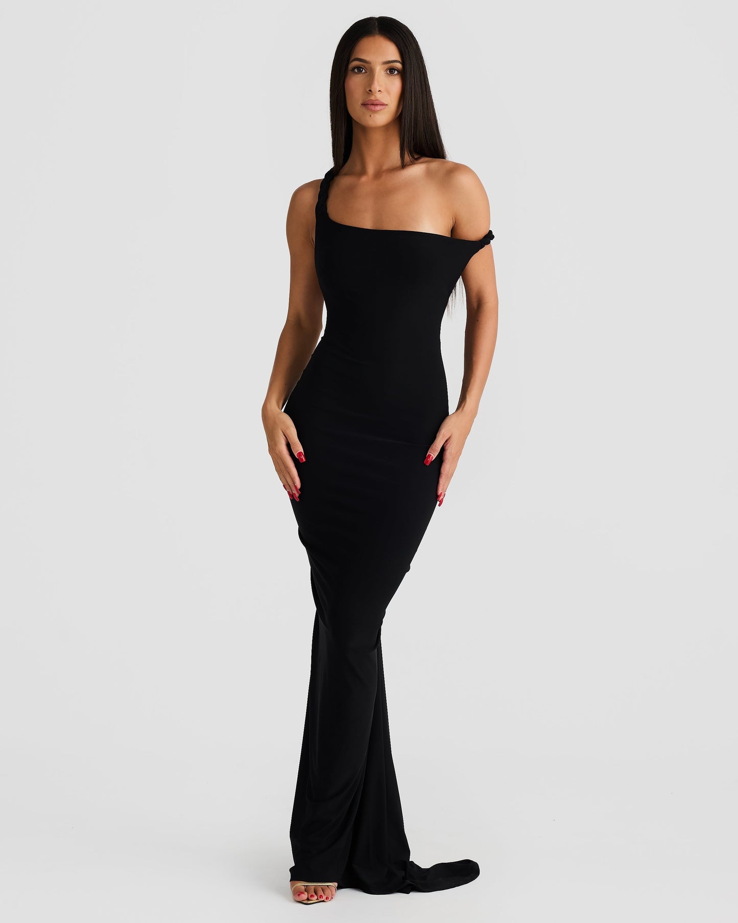 Women black off shoulder maxi dress, front view