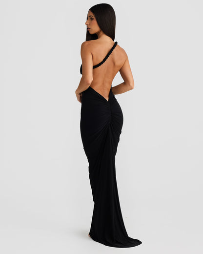 Women black off shoulder maxi dress, back view