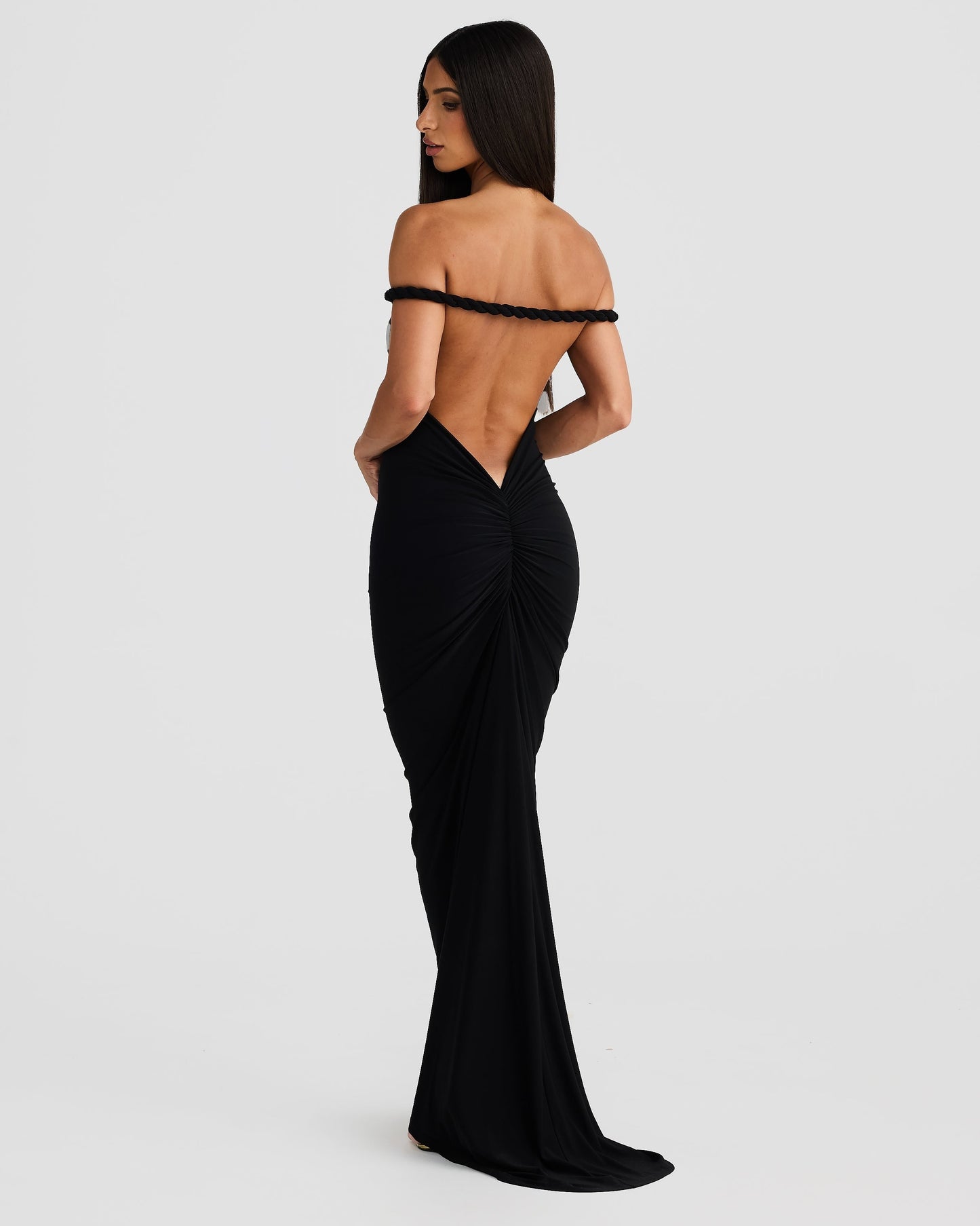 Women black off shoulder maxi dress, back