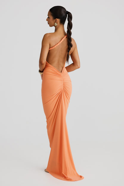 Women off shoulder maxi dress, back view