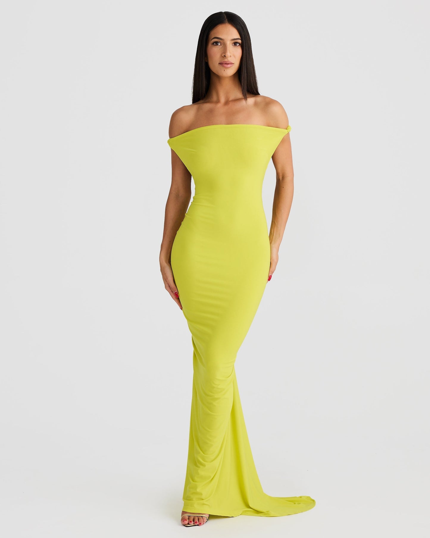Women green off shoulder maxi dress, front view