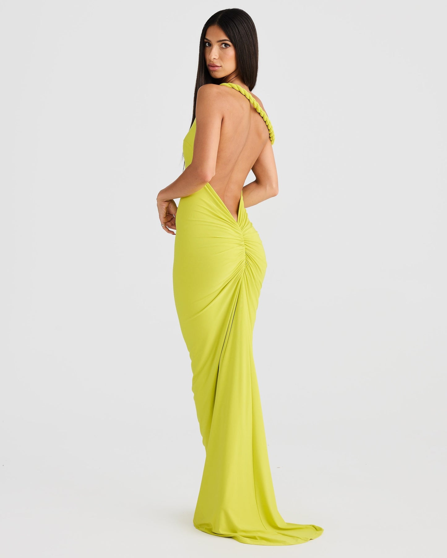 Women green off shoulder maxi dress, back view
