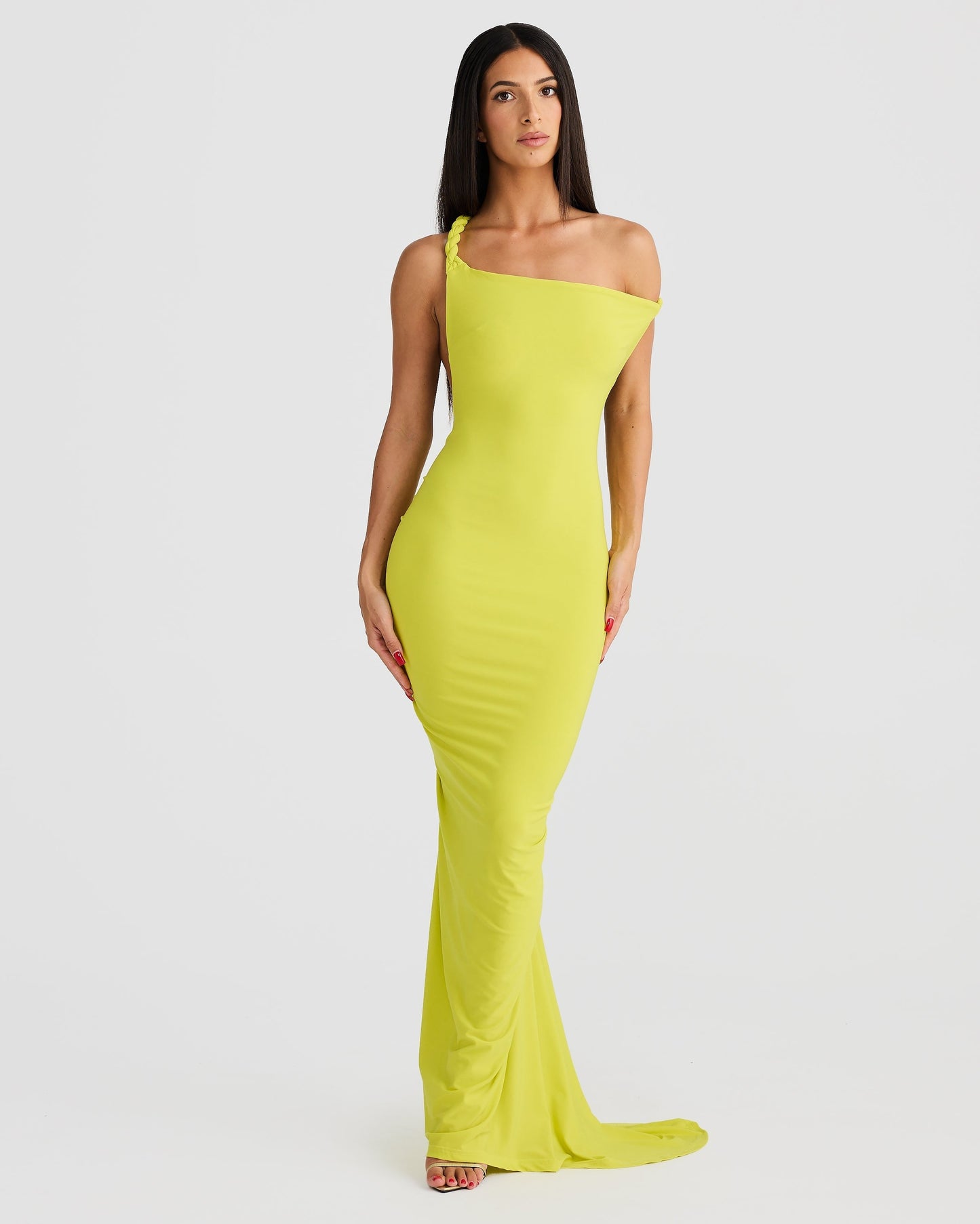 Women green off shoulder maxi dress, front view