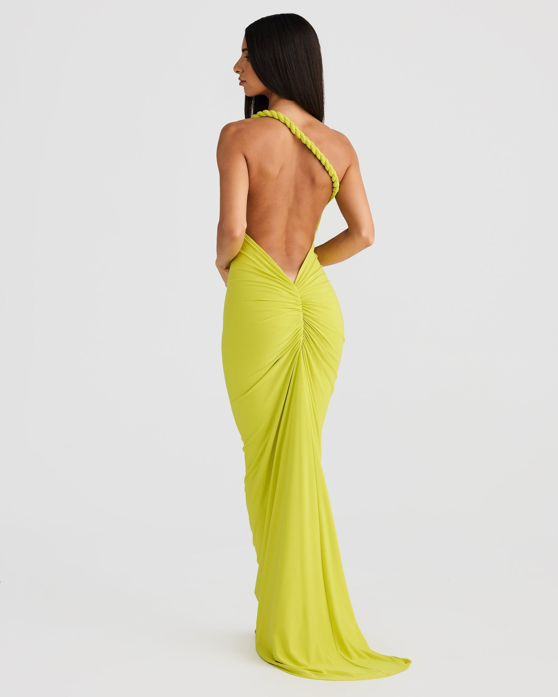 Women green off shoulder maxi dress, back