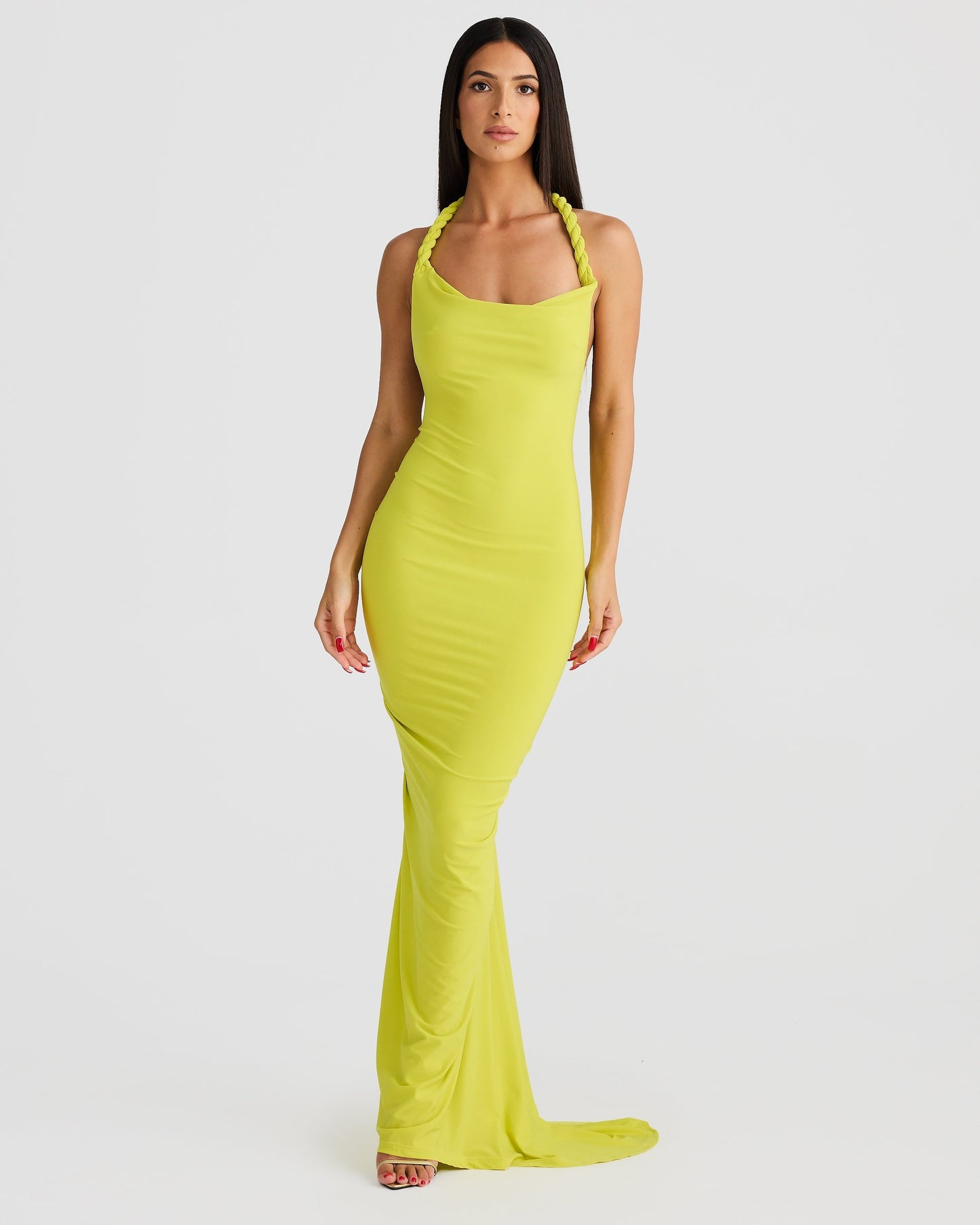 Women green off shoulder maxi dress, front view