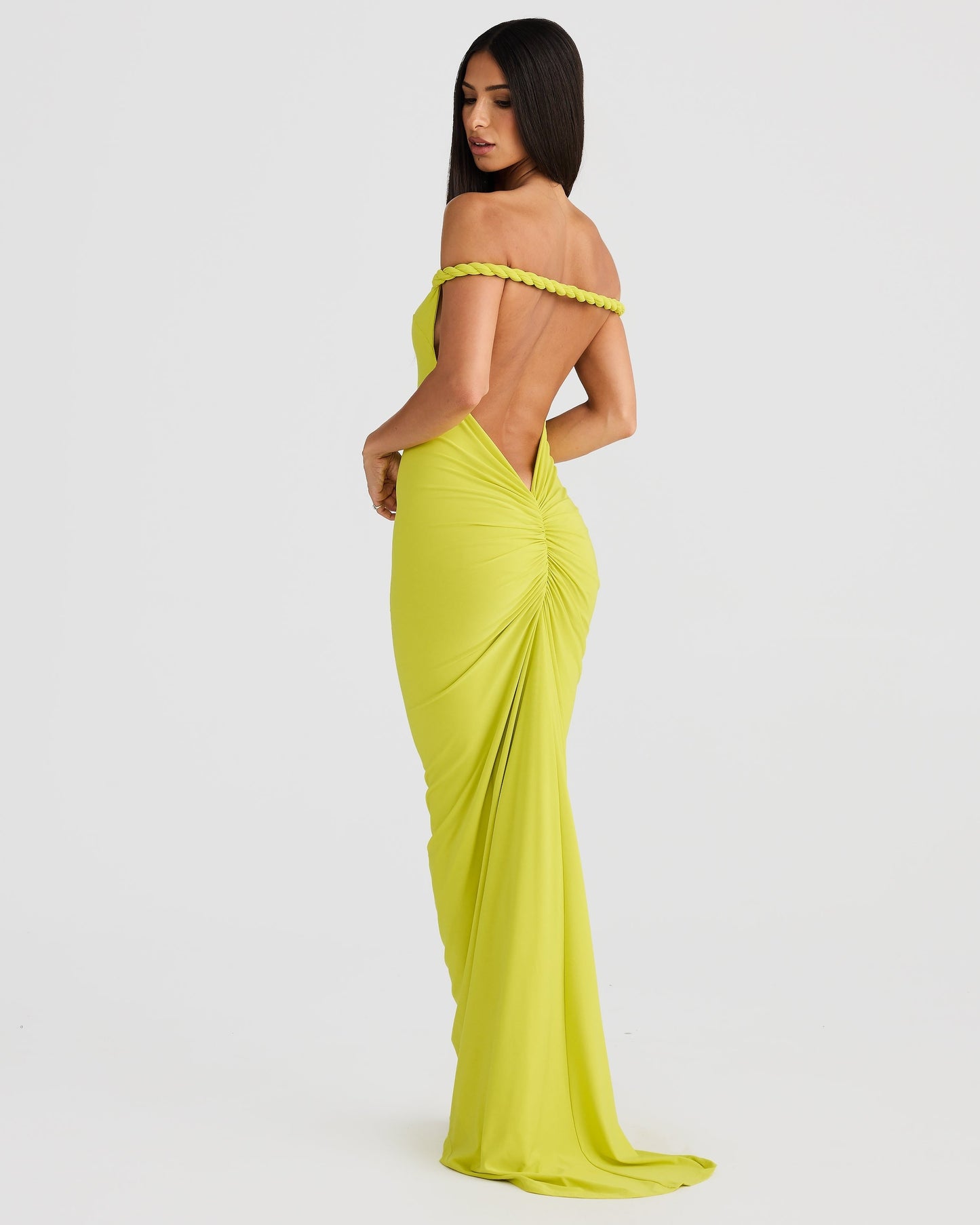 Women green off shoulder maxi dress, detail