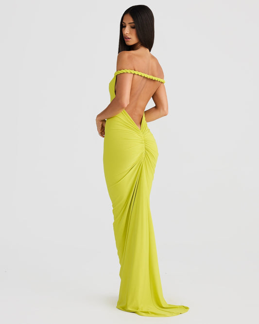 Women green off shoulder maxi dress, detail