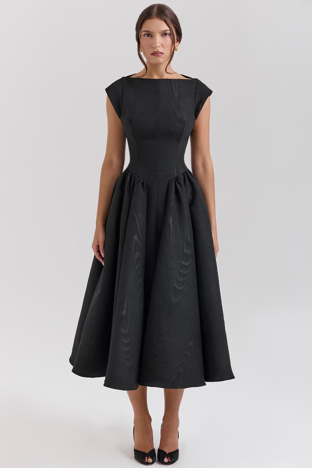 Women black midi dress, back view
