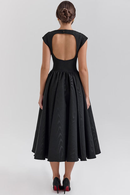 Women black midi dress, back view