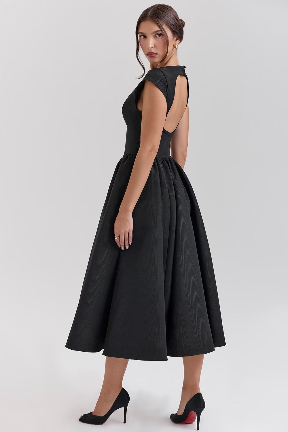 Women black midi dress, back