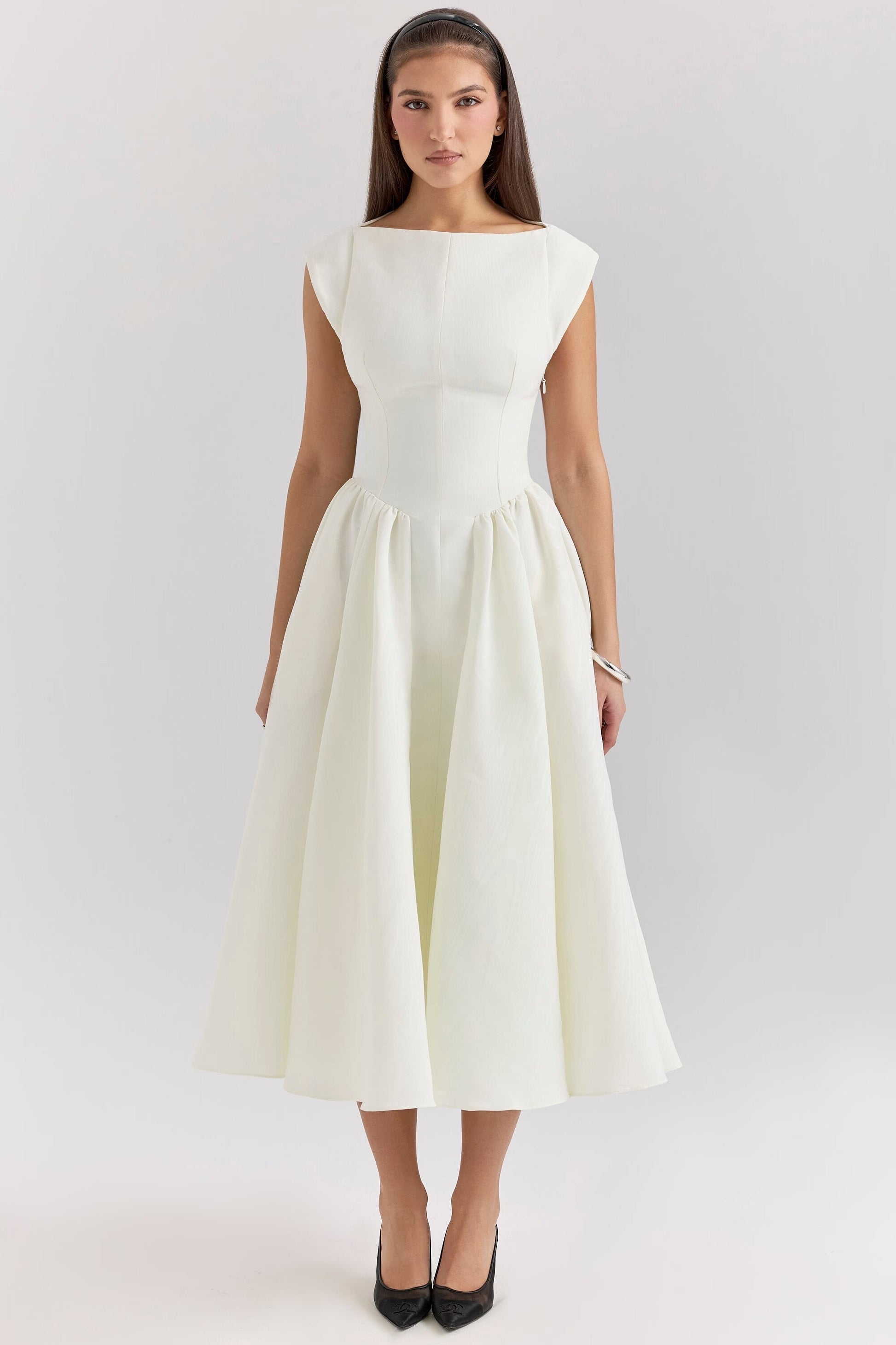 Women white midi dress, front view