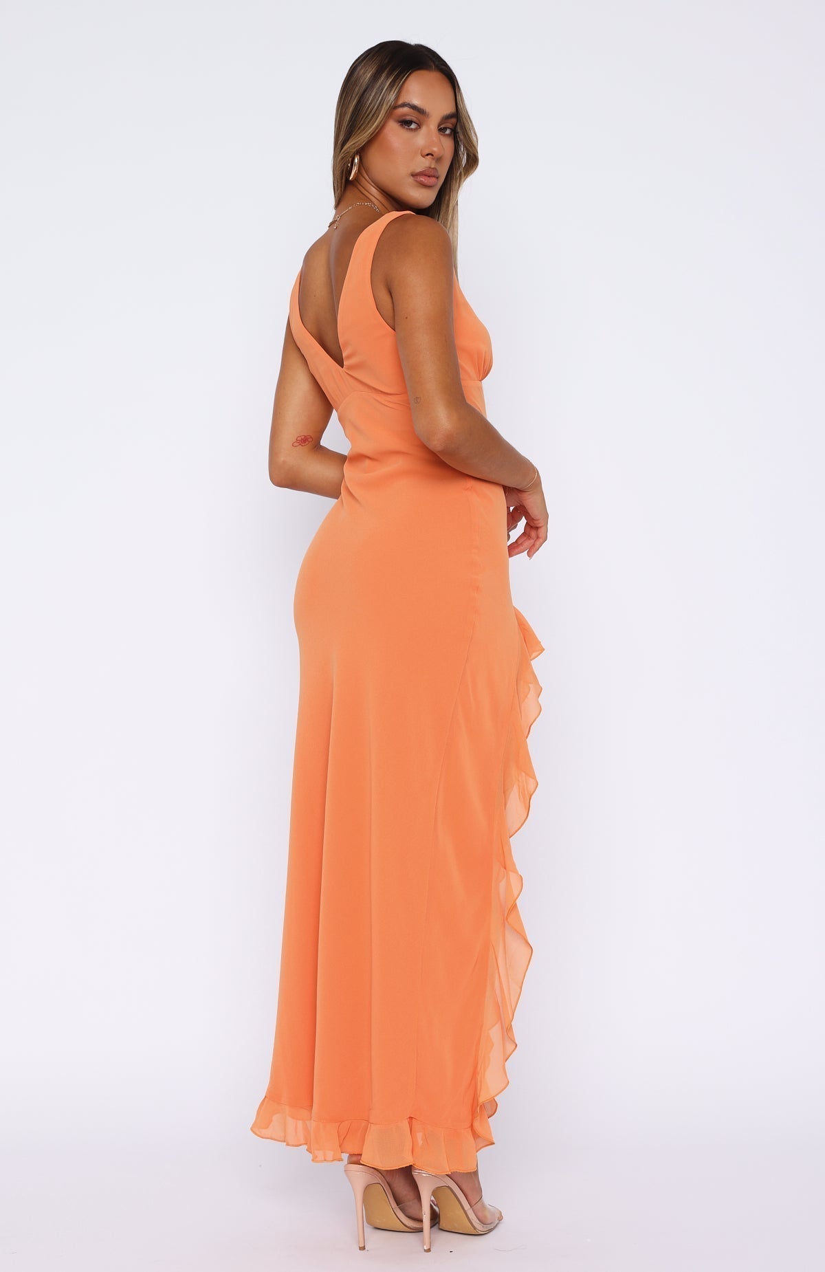 Women v neck maxi dress, side view