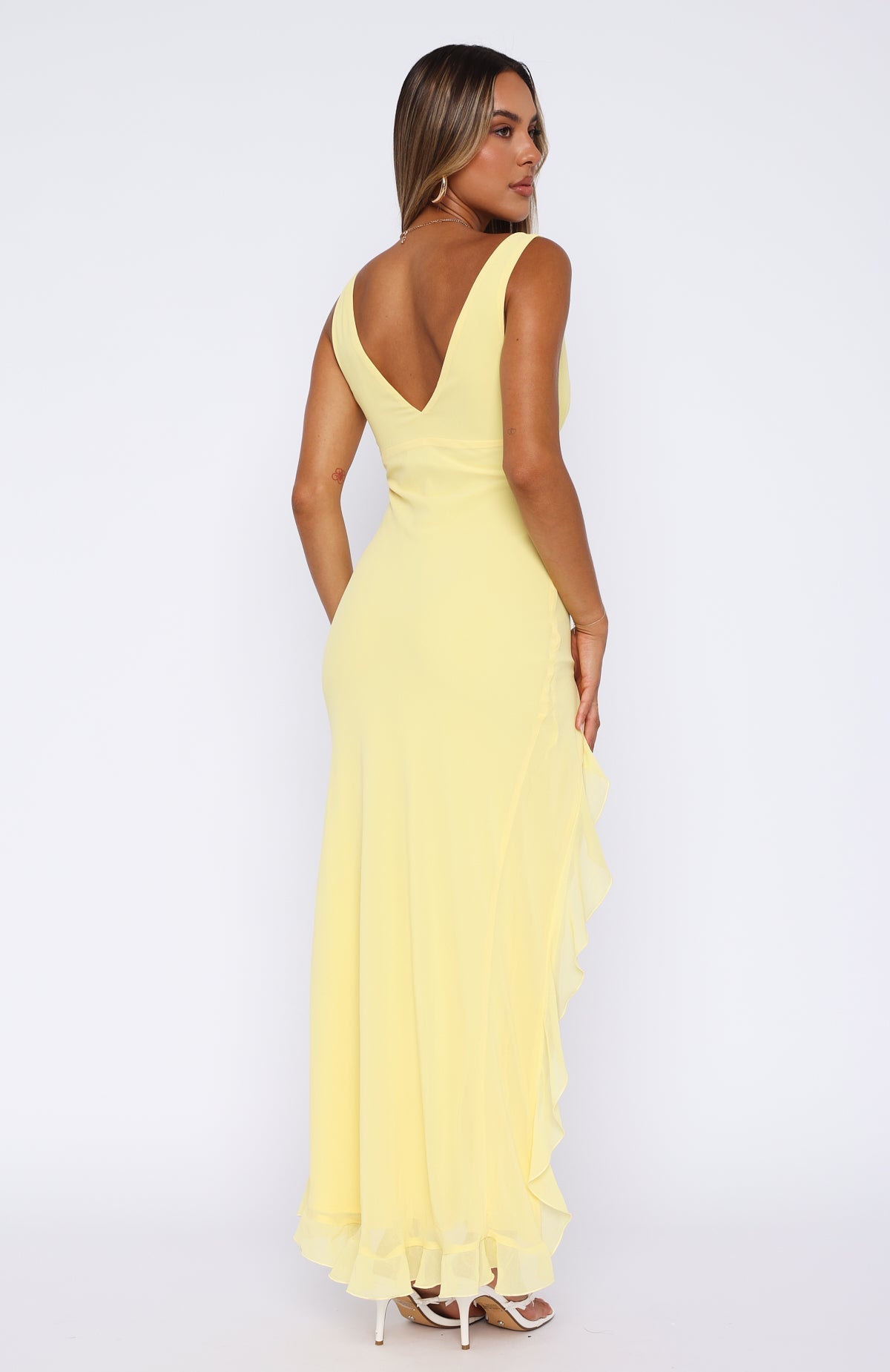 Women v neck maxi dress, side view