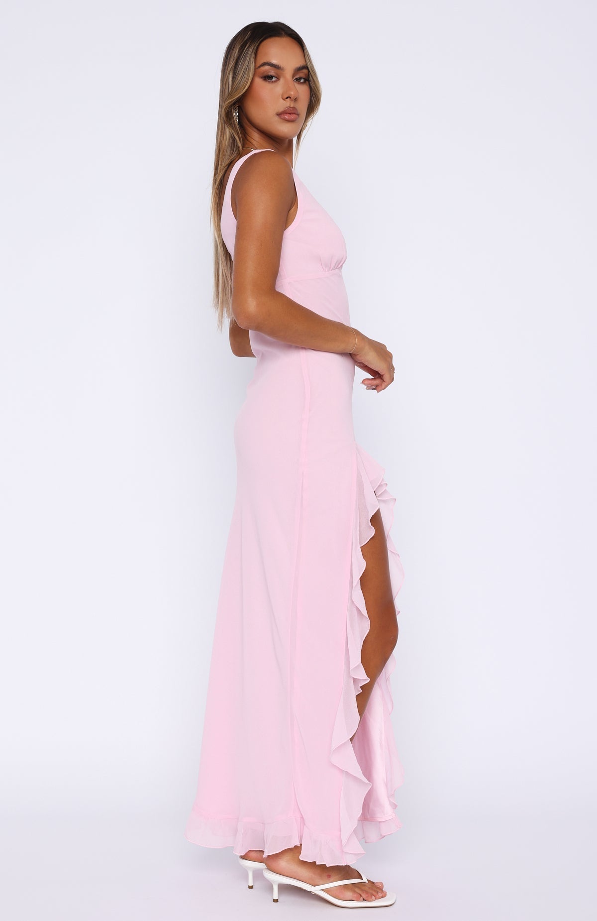 Women v neck maxi dress, back view