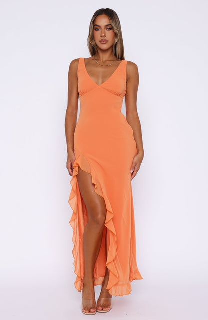 Women v neck maxi dress, front view