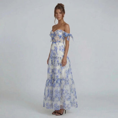 Women blue sweetheart off-shoulder floral maxi dress, side view