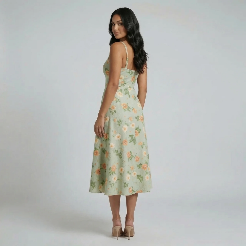 Green floral jacquard A-line midi dress — side view highlighting flowy skirt and structured straps.
