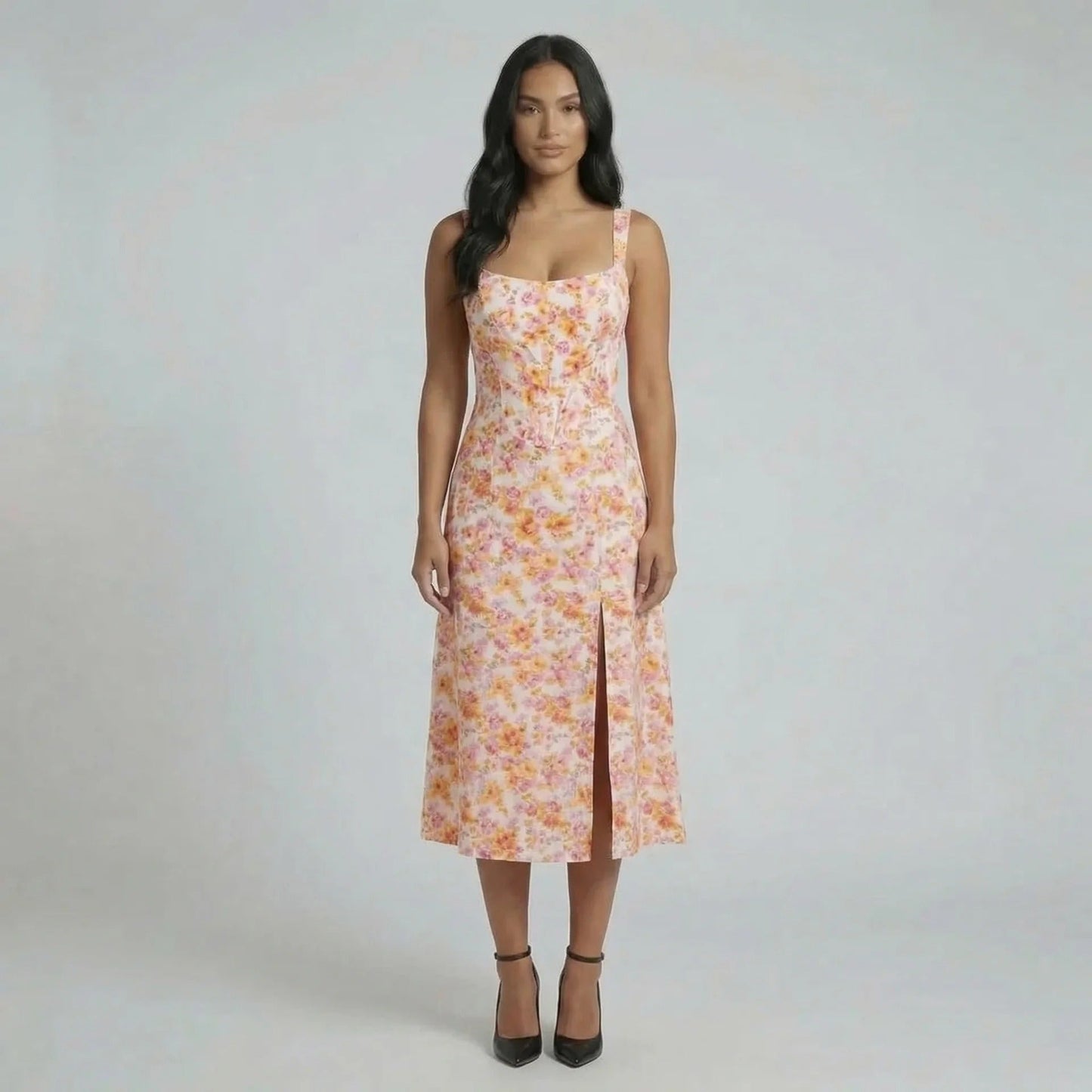 Orange floral jacquard midi dress with a front slit — front view showcasing bustier bodice and square neckline.