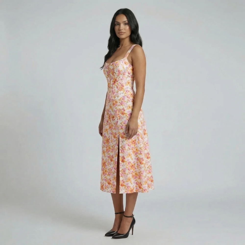 Orange floral jacquard midi dress — side view showing the elegant slit and flattering fit.