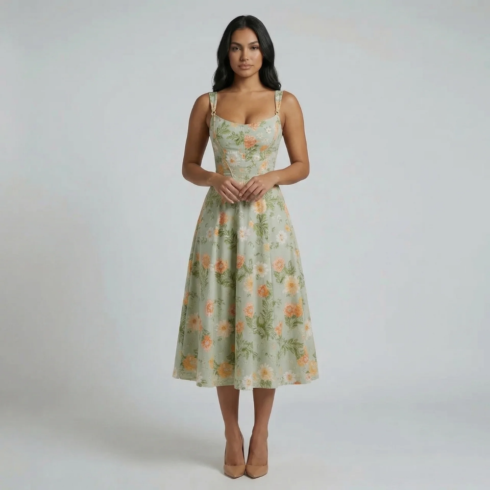 Green floral jacquard A-line midi dress — front view showing square neckline and bustier bodice.