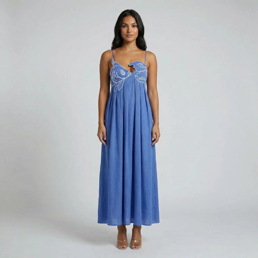 Blue graphic maxi dress with artistic fish bodice, front view.