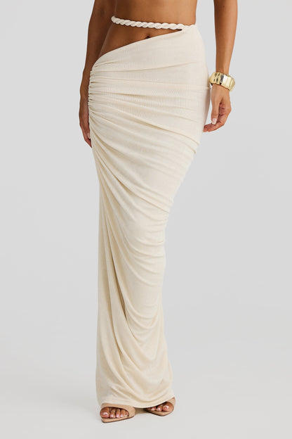 Red braided-strap maxi set — front view highlighting bold ruched skirt and detail-rich bralette.