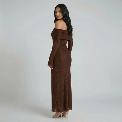 Brown shimmer maxi dress with metallic mesh fabric — back view highlighting sleek fit and flowing hemline.
