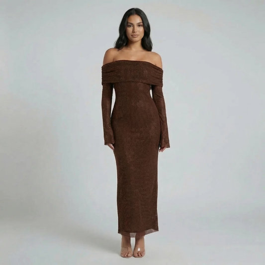 Brown shimmer maxi dress with off-shoulder neckline — front view showing elegant body-skimming silhouette.