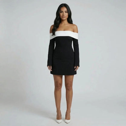 Black off-shoulder A-line mini dress with bell sleeves — front view showing neckline details.