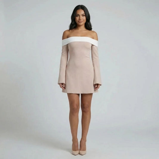 Beige off-shoulder A-line mini dress with bell sleeves — front view showing silhouette.