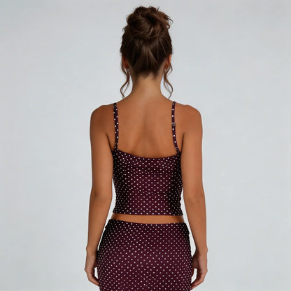 Burgundy polka dot cami and skirt set — styled front view emphasizing retro polka dot print and flattering fit.