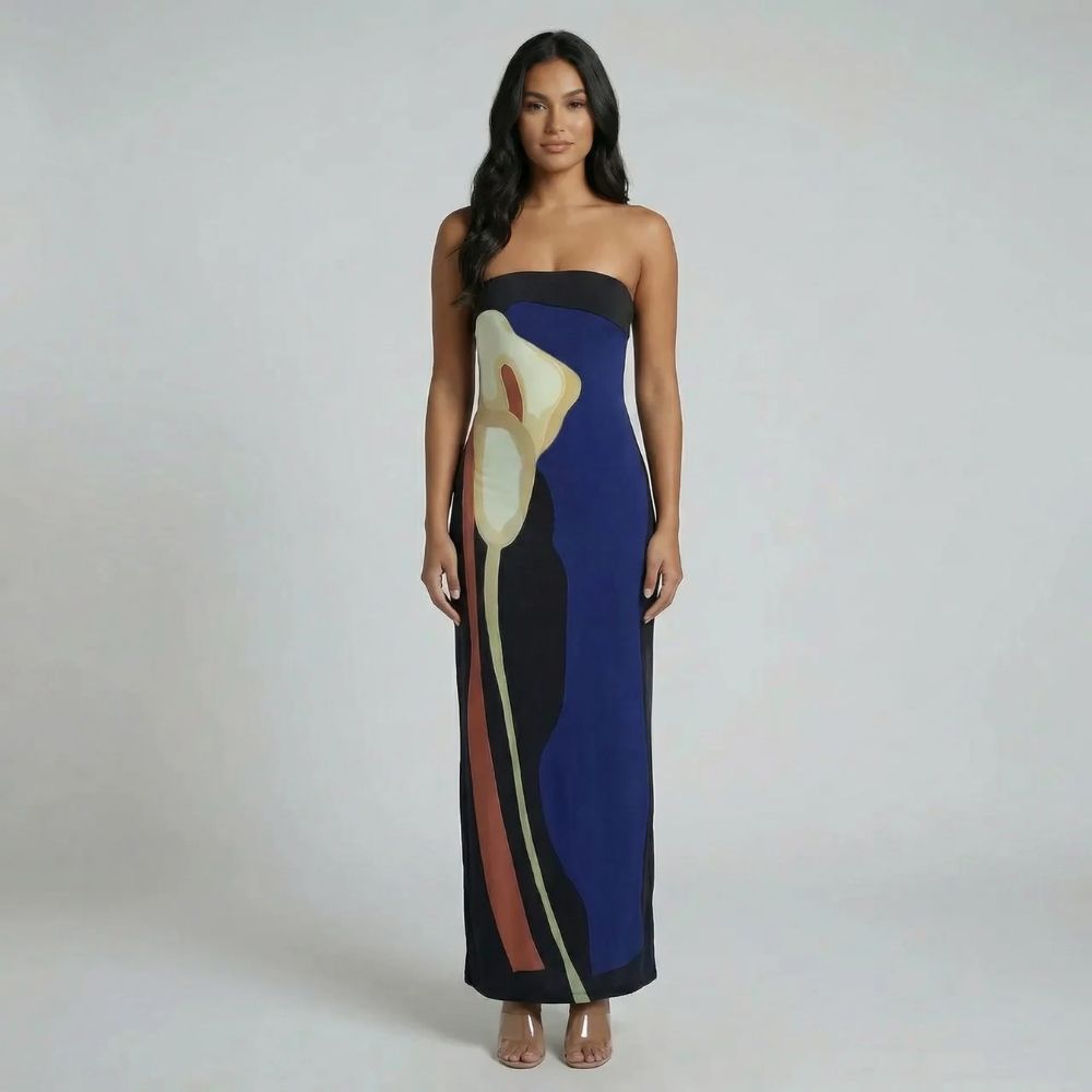 Blue strapless abstract maxi dress — frontal view highlighting vibrant floral design.