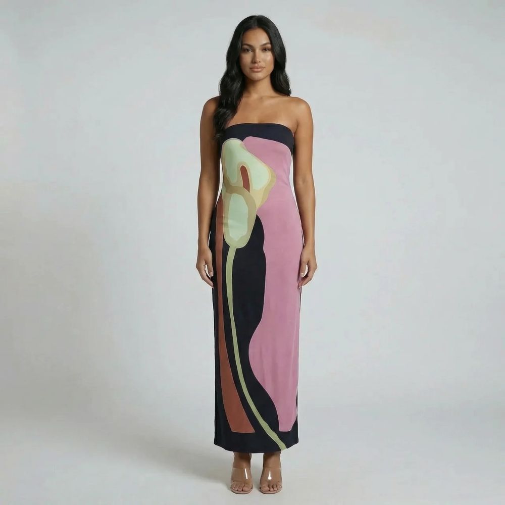 Pink strapless abstract maxi dress — frontal view of bold floral print and column silhouette.