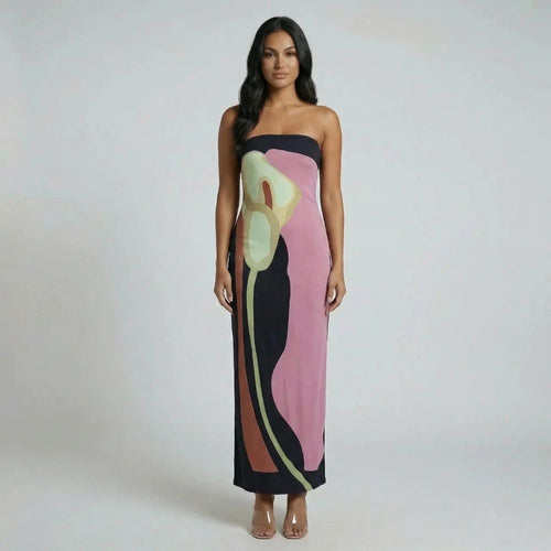 Pink strapless abstract maxi dress — frontal view of bold floral print and column silhouette.