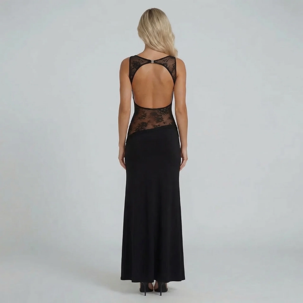 Black lace maxi dress with open-back design and detailed sheer lace panel — back view showcasing elegance.