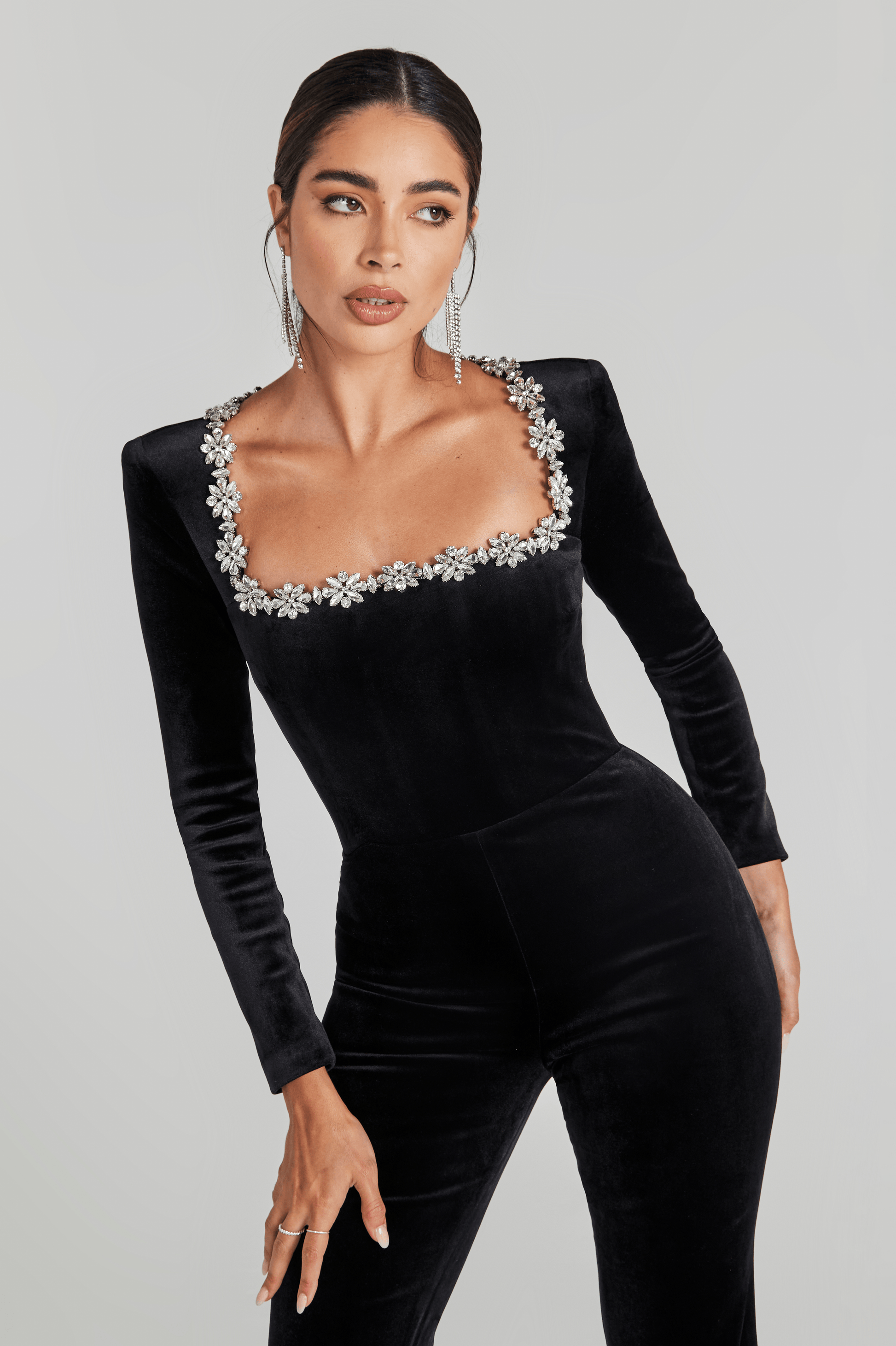 Women black square neck jumpsuit, detail