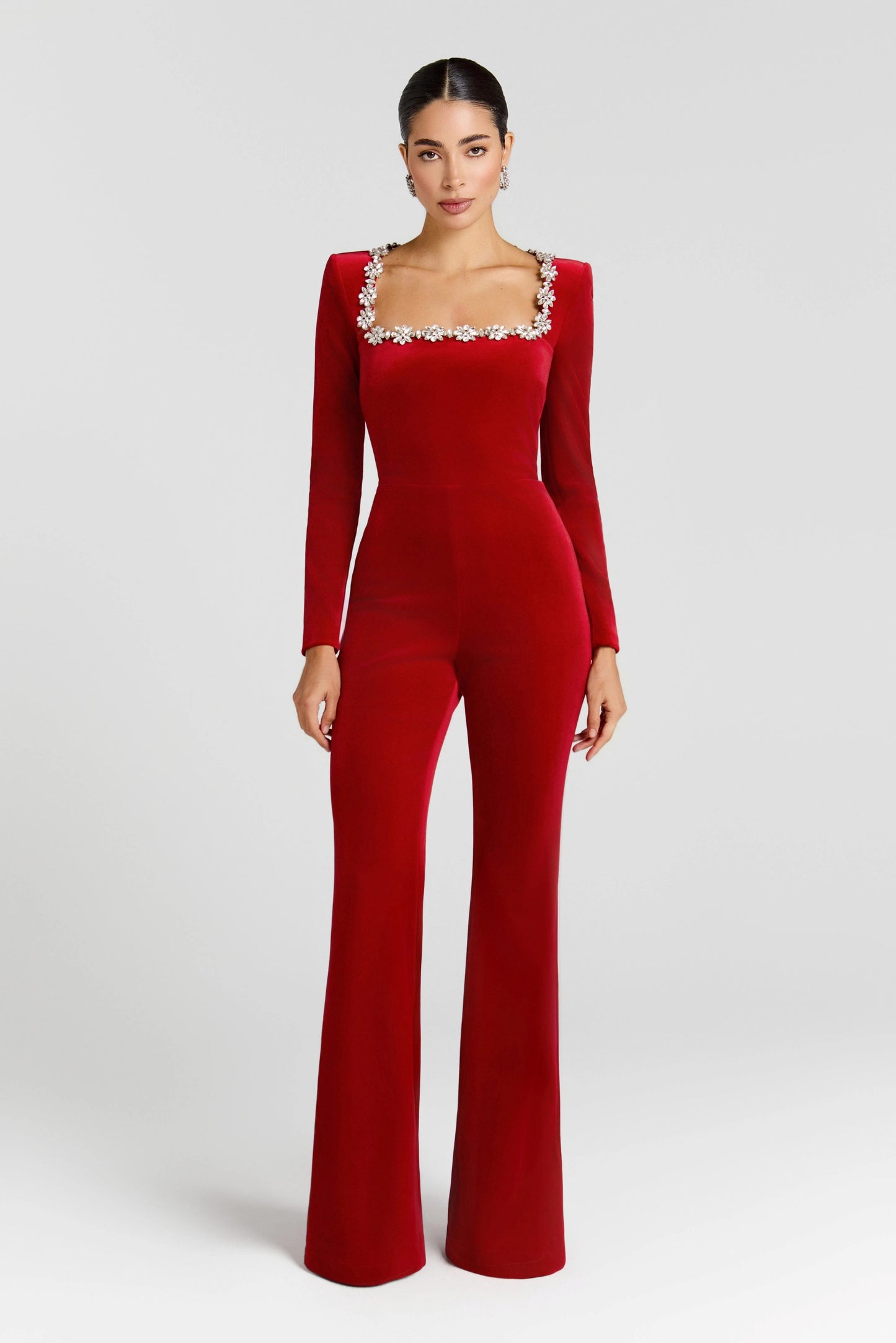 Women red square neck jumpsuit, front view