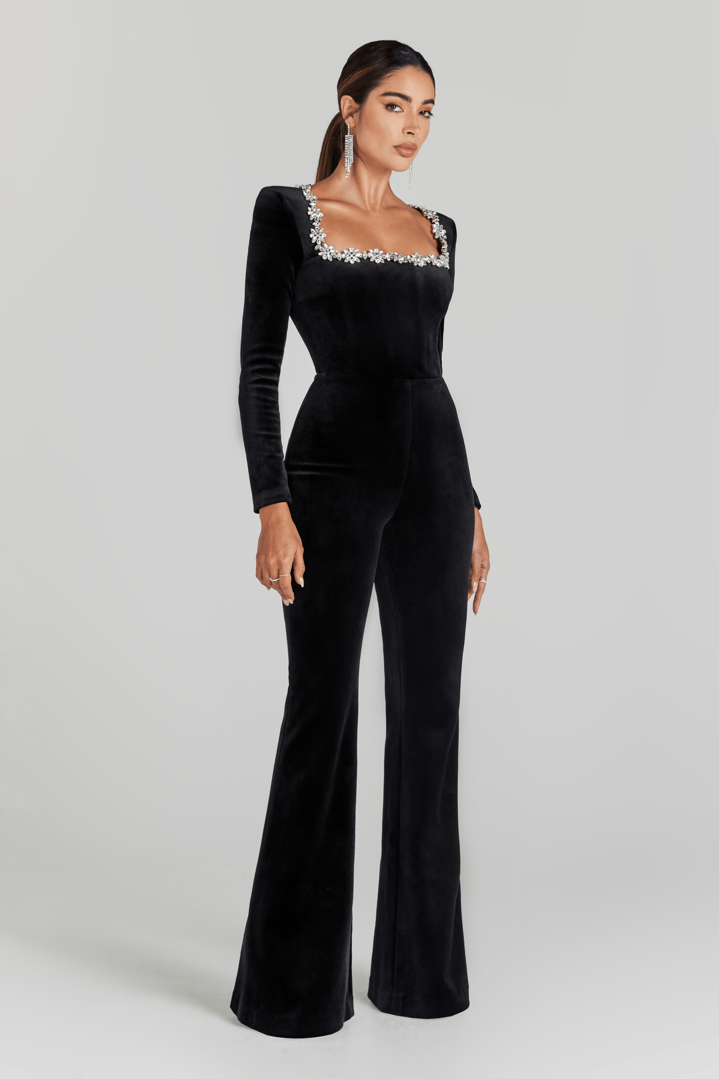 Women black square neck jumpsuit, front view