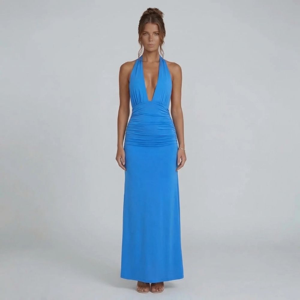 Blue ruched maxi wedding guest dress — vibrant color and flattering silhouette