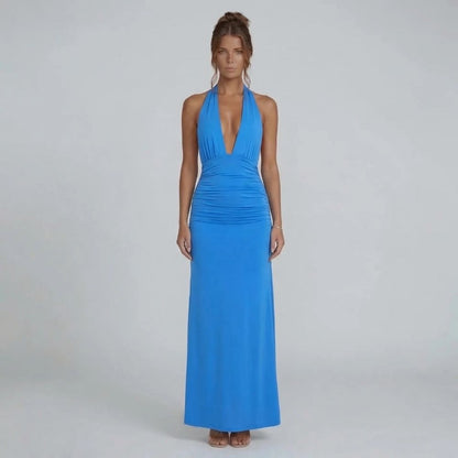 Blue ruched maxi wedding guest dress — vibrant color and flattering silhouette