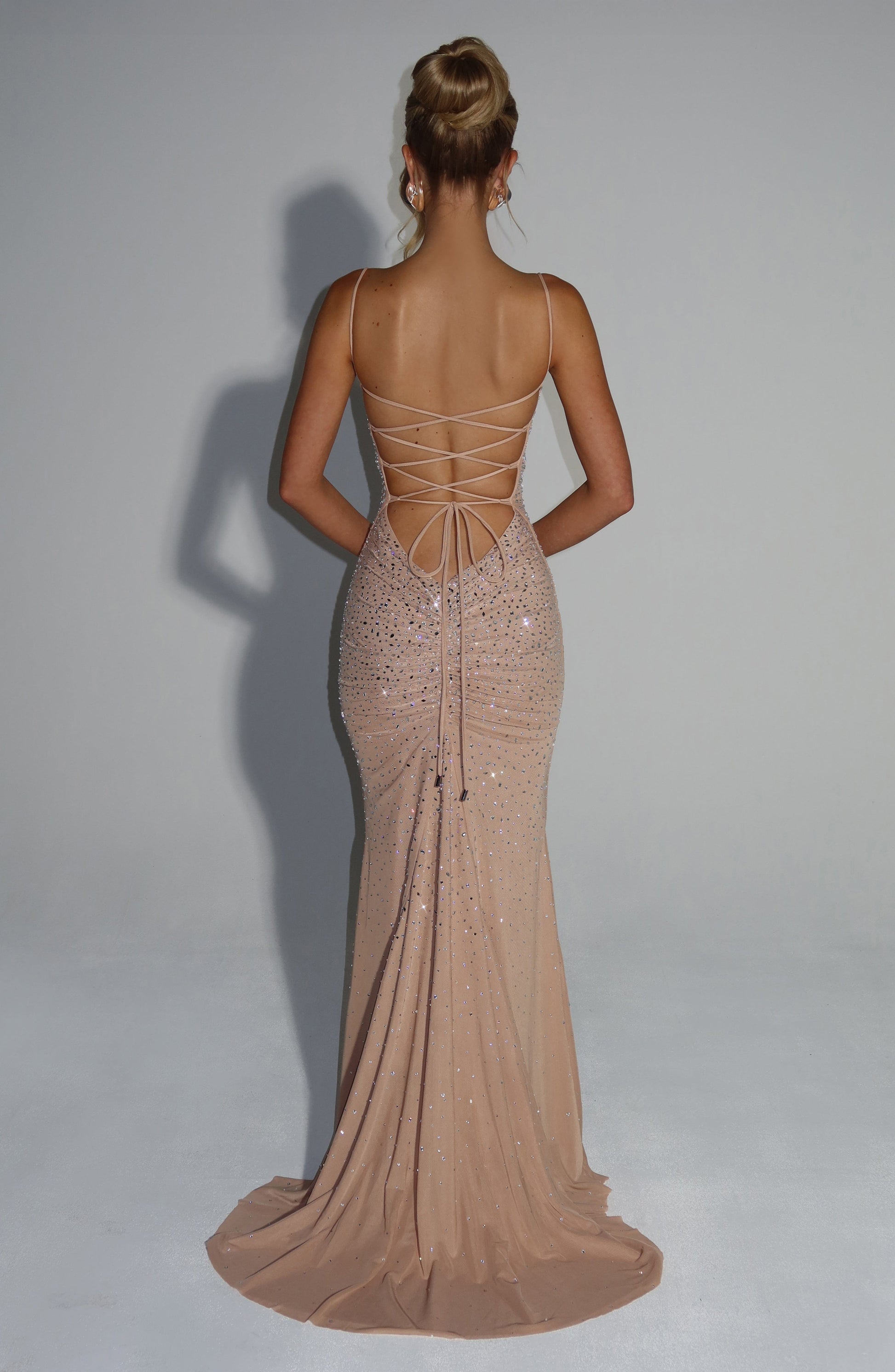 Women ruched maxi dress, side view