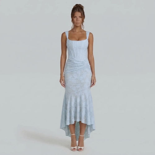 Light blue lace maxi dress with wide straps and high-low hem — front view.
