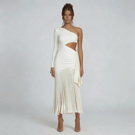 White fringe midi dress — front view with cutout waist detail and one-shoulder sleeve design.