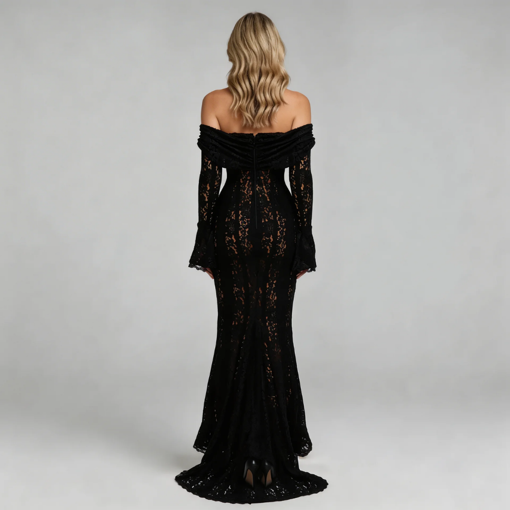 Black lace off-shoulder maxi dress with flared cuffs — back view highlighting a sweeping train and elegant fit.