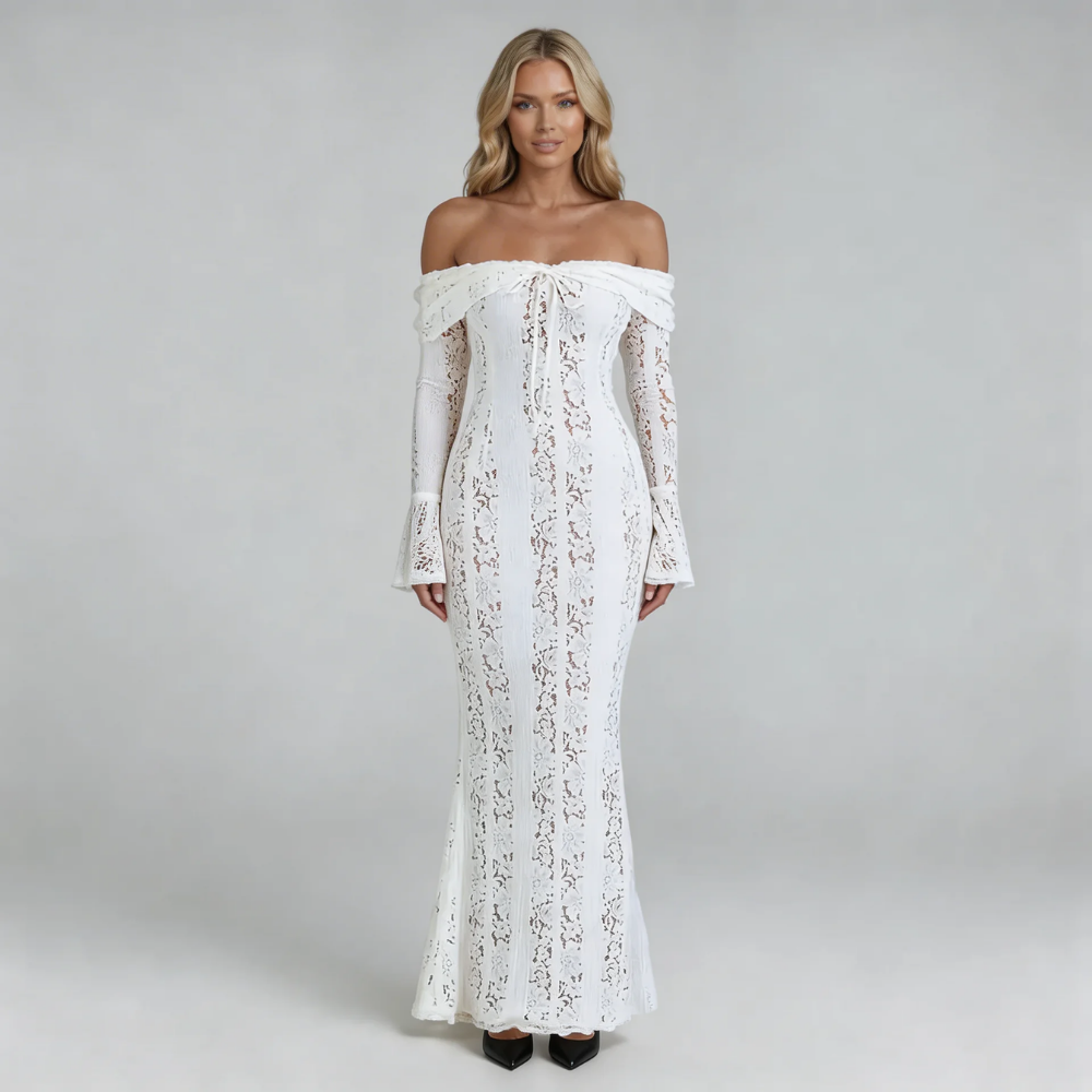 White lace off-shoulder maxi dress with flared cuffs — front view showcasing floral lace and floor-length silhouette.