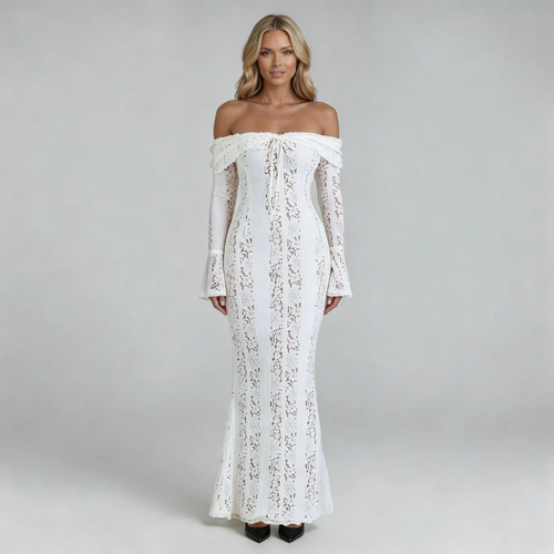 White lace off-shoulder maxi dress with flared cuffs — front view showcasing floral lace and floor-length silhouette.