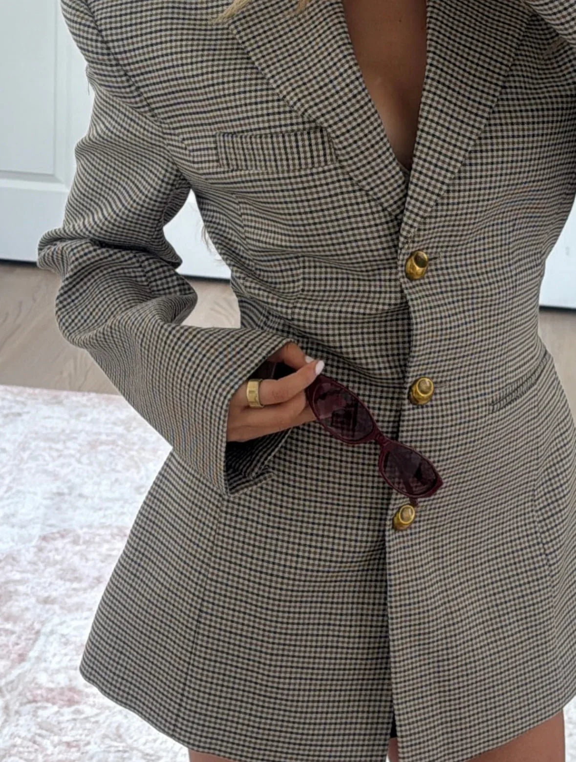 Ashley Checkered Pattern Blazer in Brown