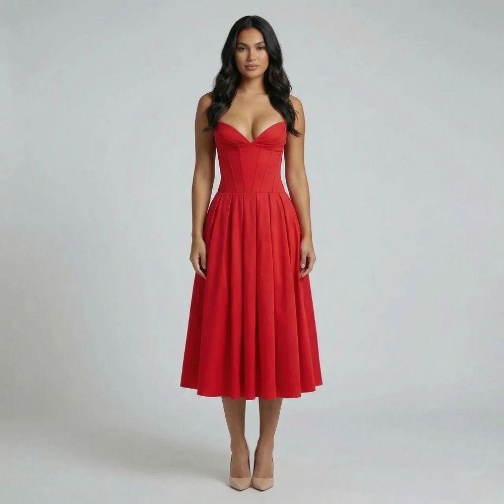 Red corset midi dress with sweetheart neckline and box-pleated skirt — front view.