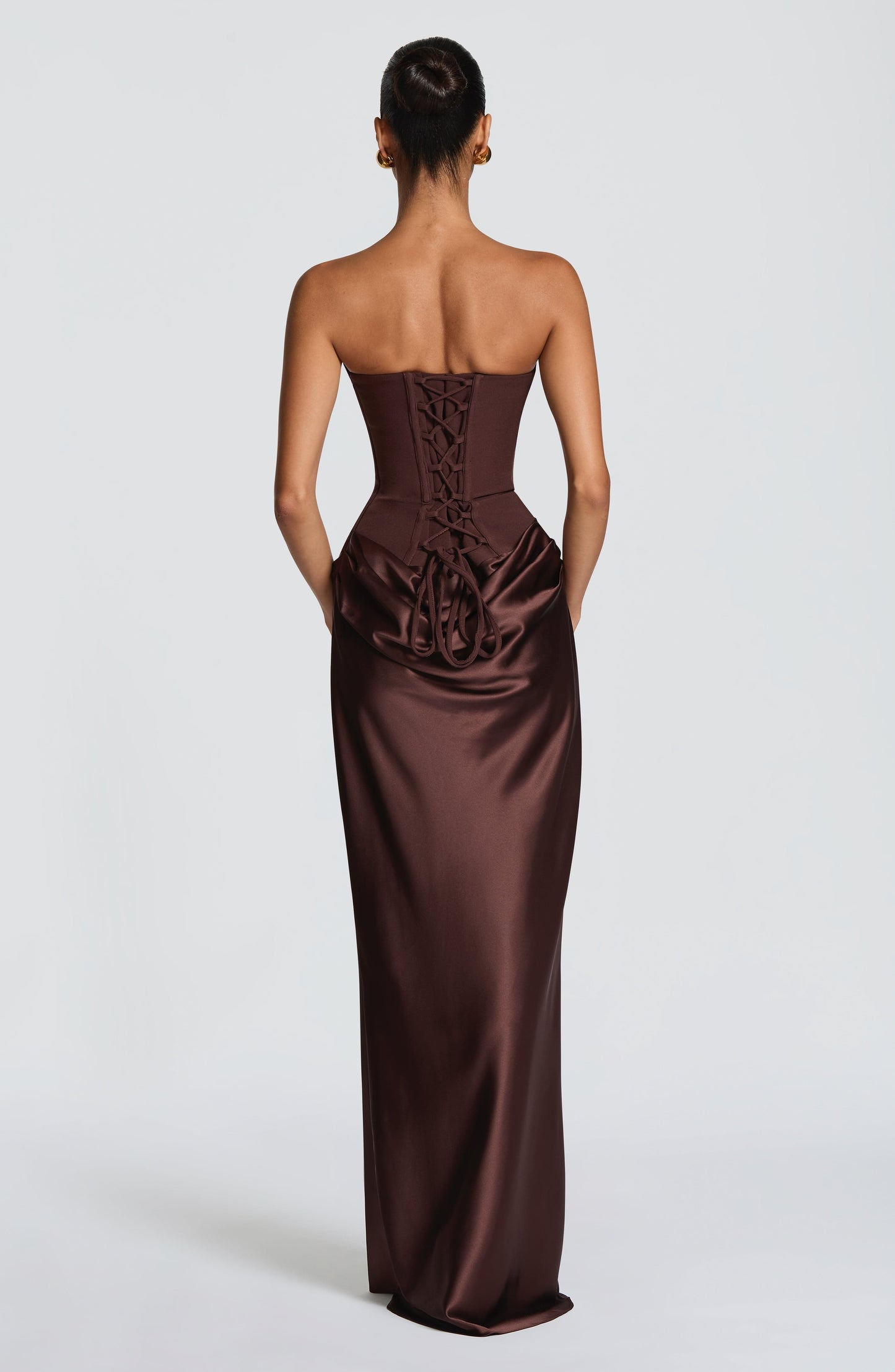 Women cowl strapless maxi dress, detail close-up